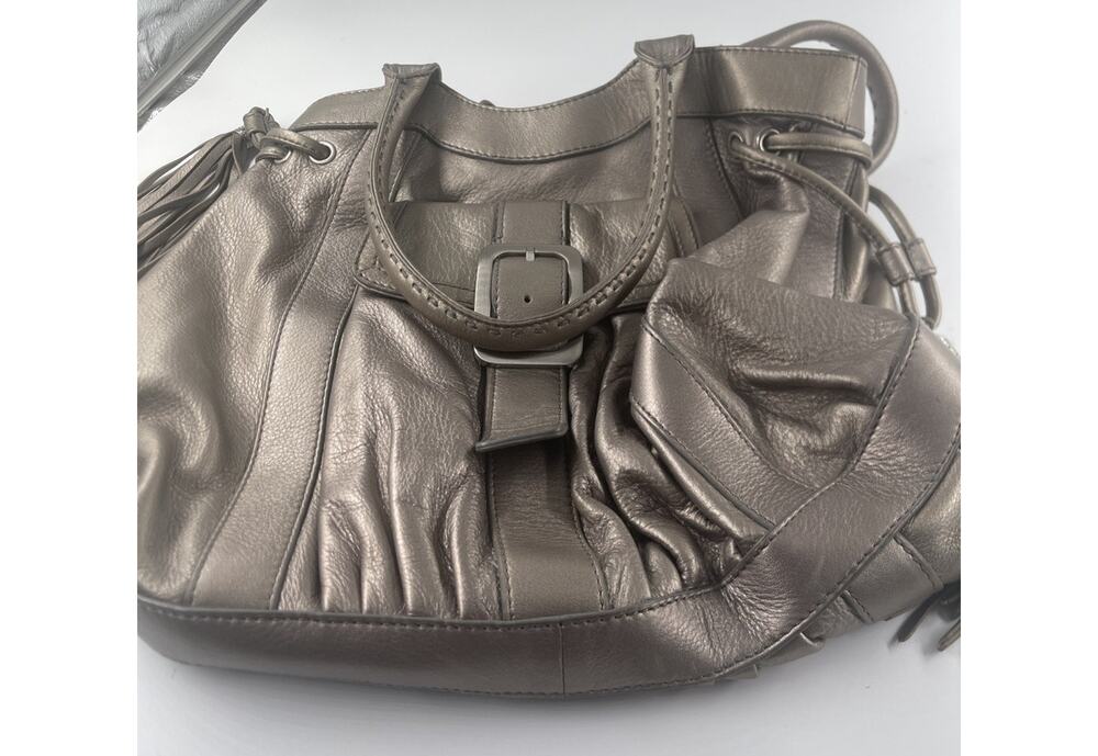 Cole Haan Metallic Pewter Leather Tote – Drawstring Tassel Satchel